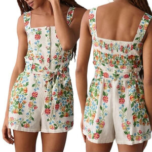 Farm Rio Crosstitch Floral Belted Romper linen blend off-white Cottagecore Sz XL